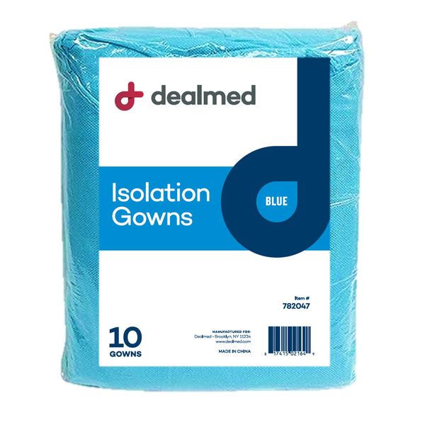 Dealmed Blue Isolation Gown – 10 Count of Disposable Medical Gowns, Blue Latex-Free, Perfect for Hospitals, Medical Facilities, and Physicians’ Offices (Pack of 10)