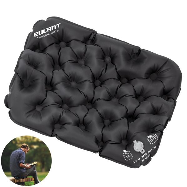 EULANT Inflatable Seat Cushion,Black Waterproof Air Cushion,Portable Sit Mat Pad for Camping Walking Hiking Travel Fishing Boating Flying Backpacking,or at Concerts, Beach, Lawn, Floor, Office