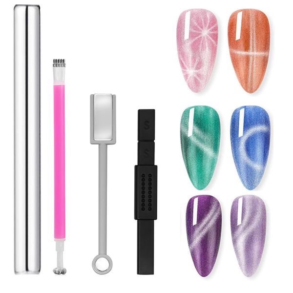 4Pcs Cat Eye Magnetic Nail Polish Kit,Nail Magnets Cateye for Nails Art, Double-Head Nail Magnetic Cat Eye Gel Nail Polish Magnet Wand Strong Suction Board Nail Manicure Tool Set for Nail DIY Salons.