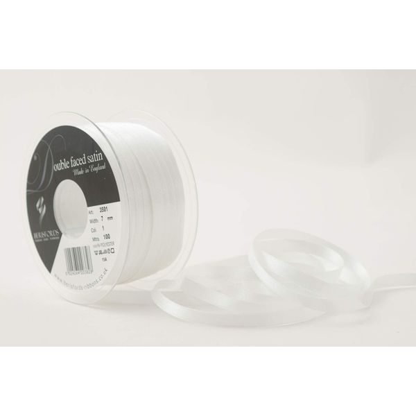 Berisfords Double Faced Satin Ribbon, White, 7 mm Width, 100 metre Length