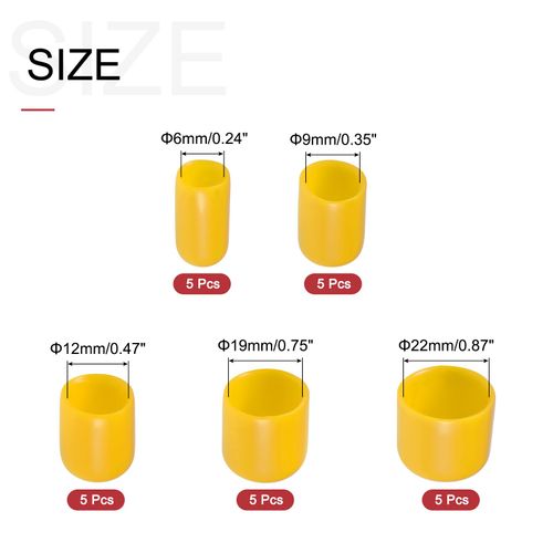 uxcell 25pcs Round Rubber End Caps Protective Caps 1/4" 3/8" 1/2" 3/4" 7/8" Yellow Vinyl Cover Screw Thread Protectors Assortment for Metal Tubing, Screw, Bolt