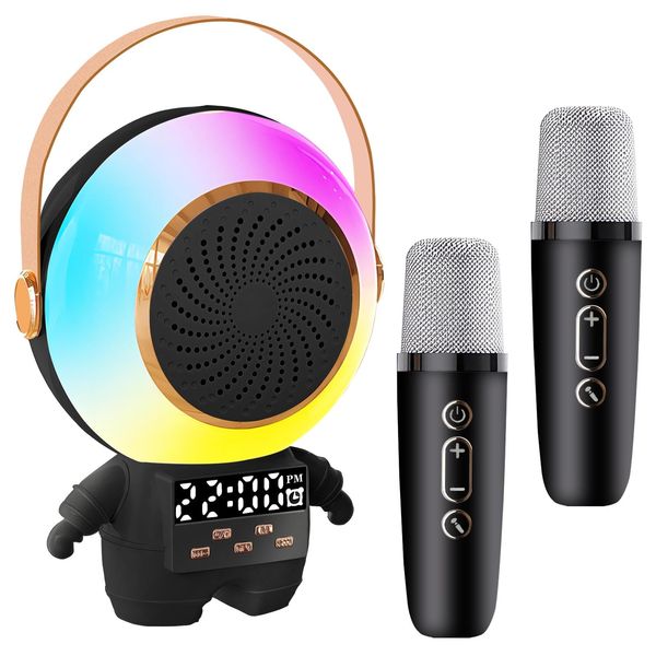 HSEONEJIA Mini Karaoke Machine for Kids, Portable Bluetooth Speaker with Clock LED Light and 2 Wireless Microphones, Christmas Birthday Gifts for Toddler Girls and Boys Age 3-5 Year Old (Black)