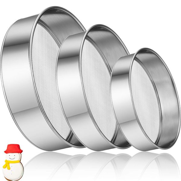 3 Pieces Stainless Steel Round Flour Sifter 6 Inch and 8 Inch 60 Mesh 7 Inch 40 Mesh Sieve Fine Mesh for Bake Decorate Cakes, Pies, Pastries, Cupcakes