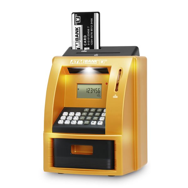 YSN ATM Bank, Gold x Black | BANK Balance, Automatic Calculation, Time Display, Alarm, Calculator, Set Target Amount, Equipped with Sound, Coins, Automatic Identification, Password Card, Double Security, Multifunctional, ATM Shaped, Money Box