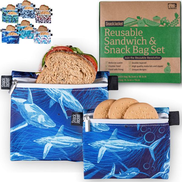 SnackJacket Reusable Sandwich & Snack Bags - Set of 2 Food Storage Bags - One Tree Planted Per Purchase - Double Layered, Waterproof and Eco Friendly Lunch Bags - (Sharks Pattern)