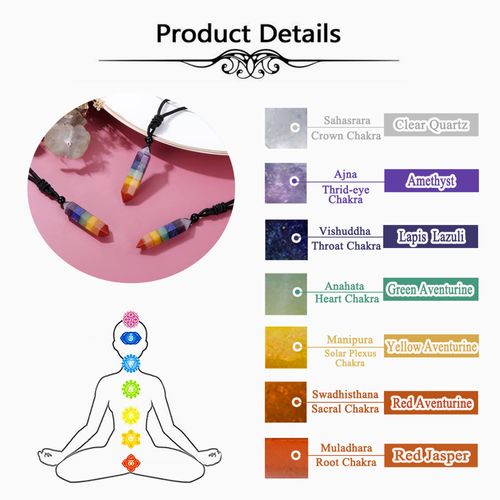 GEHECRST Gemstone 7 Chakra Healing Stones Chain Hexagon Column Pendant Necklace for Men and Women, Crystal Necklace Amulet for Chakra Yoga, Reiki Healing and Meditation, Natural crystal stones
