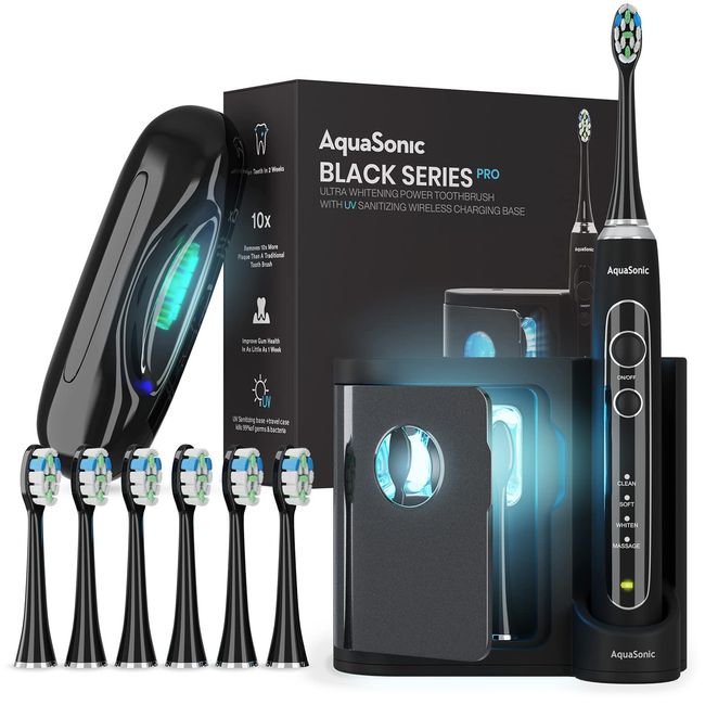 Aquasonic Black Series PRO – Ultra Whitening Power Toothbrush – 4 Modes & Smart Timers – UV Sanitizing base & Charging Travel Case– ADA Approved