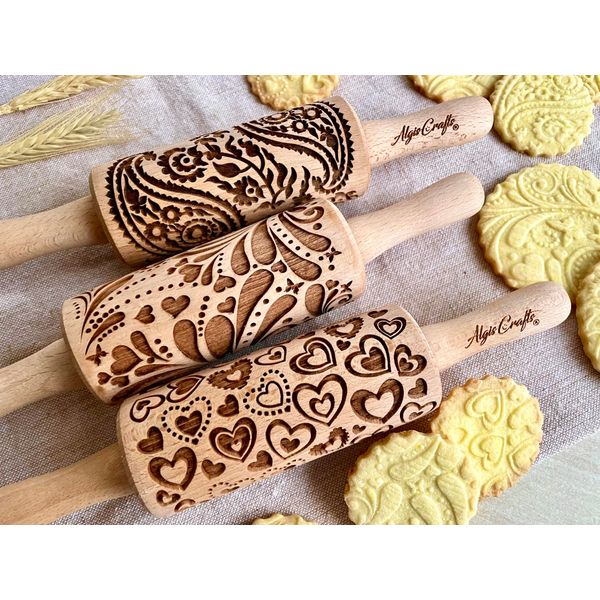 LOVELY DAY 3 KID Rolling Pin SET with HEART, PAISLEY and SPRING patterns. Wooden Laser Cut Mini embossing Rolling Pins for cookies, play dough, salt dough or clay by Algis Crafts