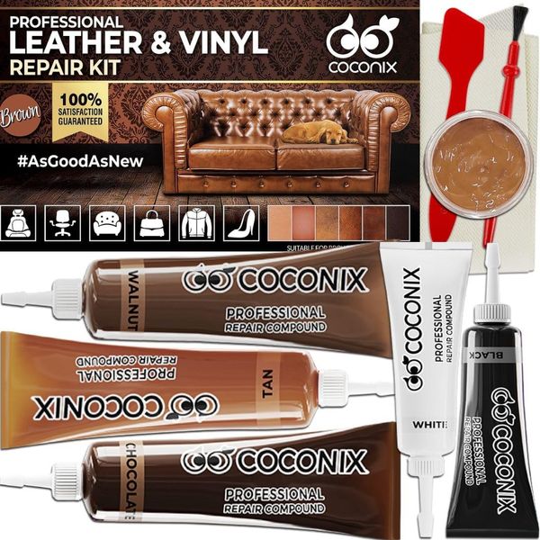 COCONIX Brown Leather and Vinyl Repair Kit - Restorer of Your Couch, Sofa, Car Seat and Your Jacket - Super Easy Instructions - Restore Any Material, Genuine, Italian, Bonded, Bycast, PU