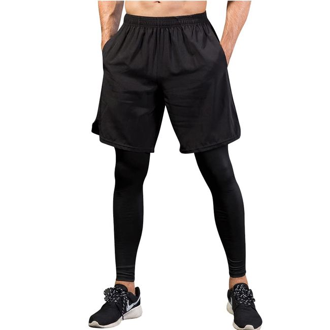 TOPTIE 2 in 1 Men's Active Running Shorts, Basketball Tights Pants-Black-L