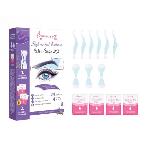 Beauty7 Hochgewölbte Augenbrauen Wachsstreifen vorgeschnitten augenbrauen wachs 24stk augenbrauen wax streifen mit 4stk Reiniger Öl Tücher enthaarungsstreifen wax strips Geeignet für sensible Haut