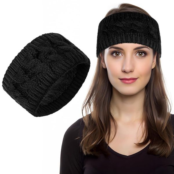 LOPHE Winter Stirnband Damen, Strick Ohrenwärmer Haarband Haarreifen, Elastische Weiche Boho, Ohrenwärme, Verdicken Headwrap Kopfband für Damen/Frauen/Mädchen (Schwarz)