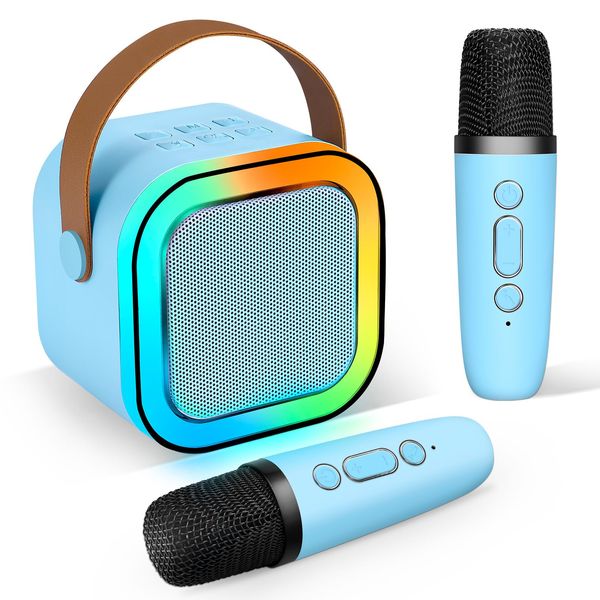 BARYINBIRD Mini Karaoke Machine,Portable Karaoke Machine with 2 Wireless Microphones,4-12 Years Old Girls Birthday Gift for Childrens,Home Party(Blue)