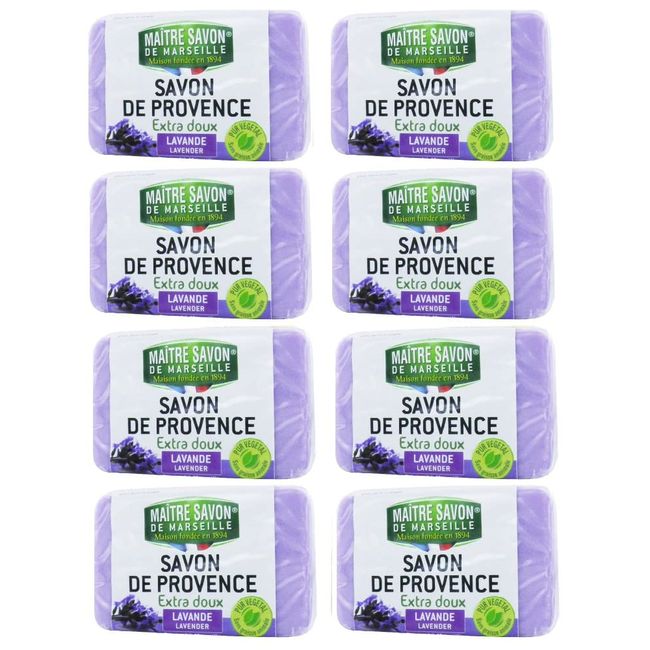 Maitre Savon de Marseille Savon de Marseille Lavender, 3.5 oz (100 g) x 8 Piece Set, Marseille Soap, Solid, Aroma Soap, Palm Oil