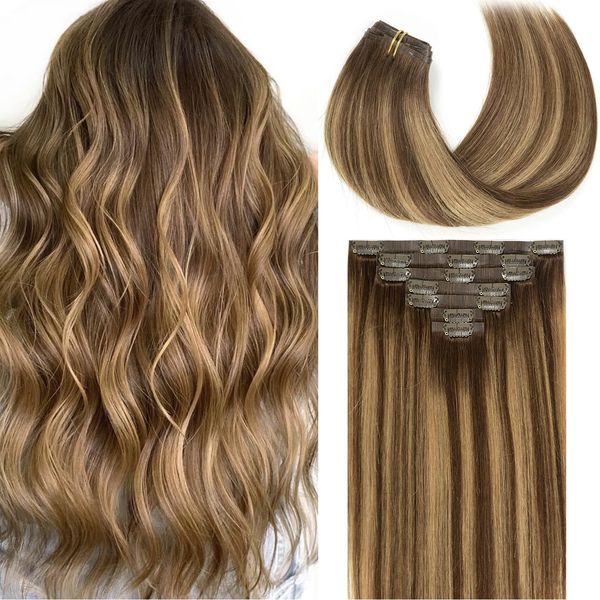 Loxxy Seamless Extensions Clip in Human Hair 20inch 110G 7Pcs Chocolate Brown to Caramel Blonde With Brown Roots Thick Blonde Natural Remy Real Hair Extensions Clip in Human Hair Invisible Tape Weft