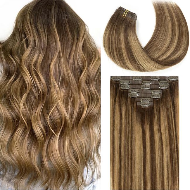 Loxxy Seamless Extensions Clip in Human Hair 20inch 110G 7Pcs Chocolate Brown to Caramel Blonde With Brown Roots Thick Blonde Natural Remy Real Hair Extensions Clip in Human Hair Invisible Tape Weft