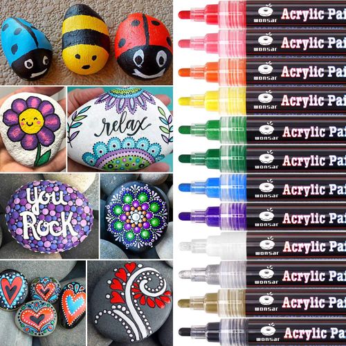 wonsar Acrylic Paint Pens for Rock Painting Stones Ceramic Porcelain Glass Pebbles Fabric Wood Kids DIY Canvas (12 Medium Tip)