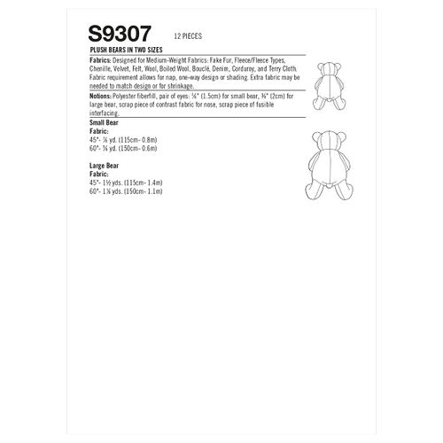 Simplicity Plush Bear Packet, Code 9307 Sewing Pattern, One Size, White