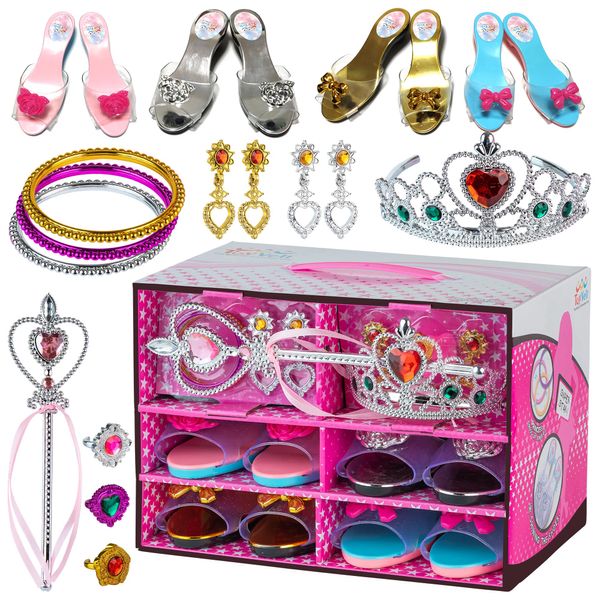 Toyvelt Princess Dress Up Shoes and Jewelry Boutique - Pretend Play for Little Girls Set Incl 4 Pairs Princess Shoes and Lots of Accessories - Toddler Girl Toys (Classic Edition)