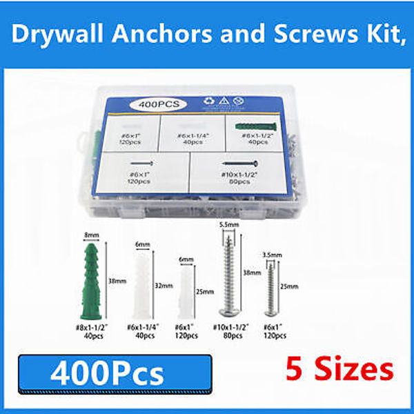 400Pcs Drywall Anchors and Screws Kit, 5 Sizes, Wall Anchors Set