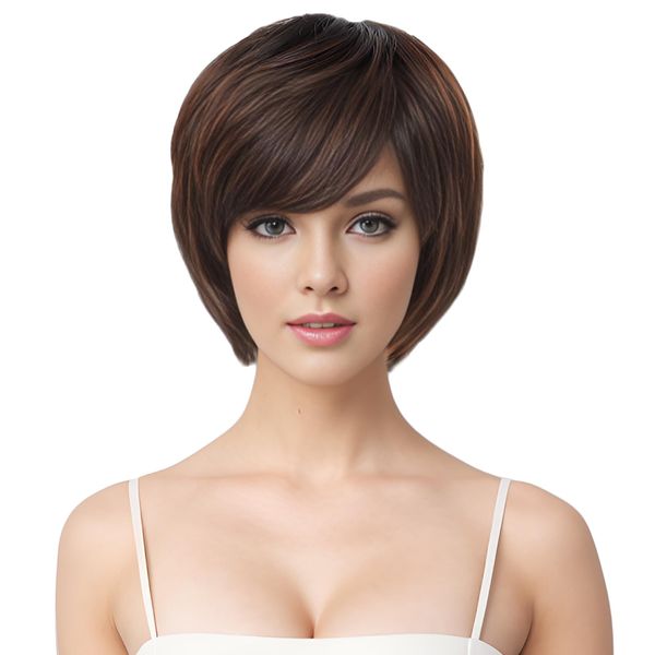 PARXITN Pixie Cut Perücke für Frauen Synthetische Perücke mit Pony Natürliches Haarteil Layered Haar Perücken