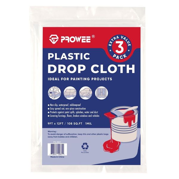 3pack Painters Plastic Drop Cloth For Painting 9x12 Feet Paint Floor Cover Plast