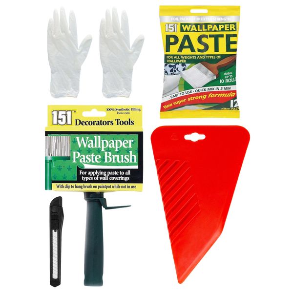Wallpaper Paste Kit - Set Includes 10 Roll Adhesive Wallpaper Paste Kit Containing Smoother, Hanging Brush,Trimmer and Nitrile Gloves