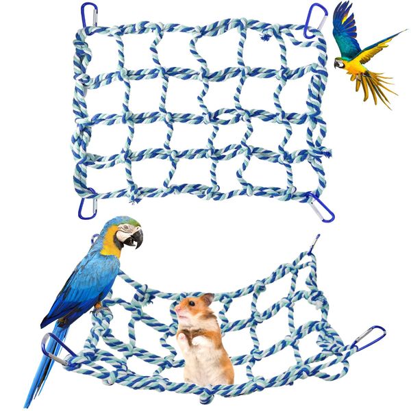 Small Animal Hammock Rat Toys Parrot Bird Toys Woven Climbing Net with 4 Hooks Rat Cage Accessories Rope Ladder Ferret Toys Rat Hammock For Cage Budgie Toys and Accessories (Blue)