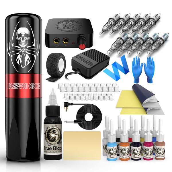 Tattoo Kit, Wormhole Tattoo Gun Kit Tattoo Machine Kit with Tattoo Gun 11 Tattoo Inks 10 Tattoo Cartridge Needles, Power Supply Tattoo Pen Kit for Tattoo Artists and Beginners WTK187