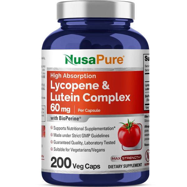 NusaPure Lycopene & Lutein Complex 60mg per Caps, 200 Veggie Capsules (Non-GMO, Gluten Free)