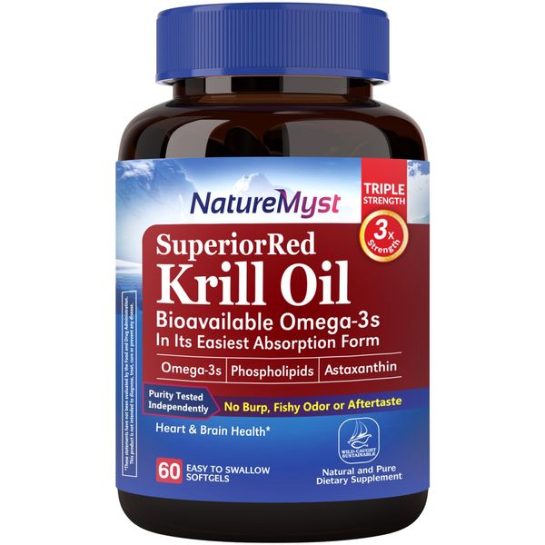 NatureMyst Antarctic Krill Oil 1000 mg Softgels, Krill Oil Omega-3s, EPA, DHA, Astaxanthin & Phospholipids, Brain, Heart Health, 60 Softgels, Non-GMO, No Gluten, Made in The USA
