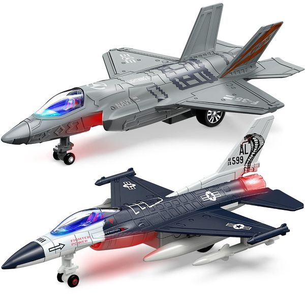 Geyiie Airplane Toys for Kids, Army Fighter Jet Diecast Plane Toys Helicopter for Boys Grils, Pull Back Airplanes with Light, Air Transport Toy Bomber Outdoor Gifts for Toddler Age 3-8 Gifts