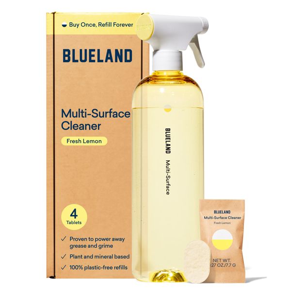 BLUELAND Multi-surface All Purpose Cleaner | Spray Bottle with 4 Refill Tablets | Eco Friendly Products & Cleaning Supplies - Fresh Lemon Scent | Makes 4 x 24 Fl oz Bottles (96 Fl oz total)