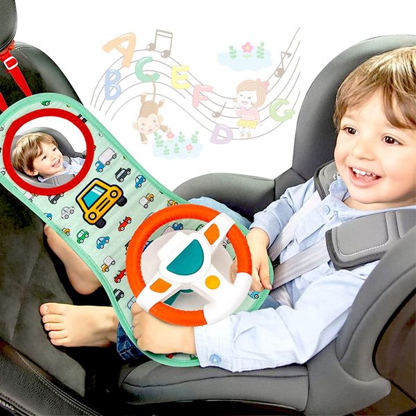 COVTOY Baby Car Seat Toys for Infants with Mirror Carseat Toys Steering Wheel with Music Lights Driving Sounds Car Seat Toy Baby Toys 6-12 Months