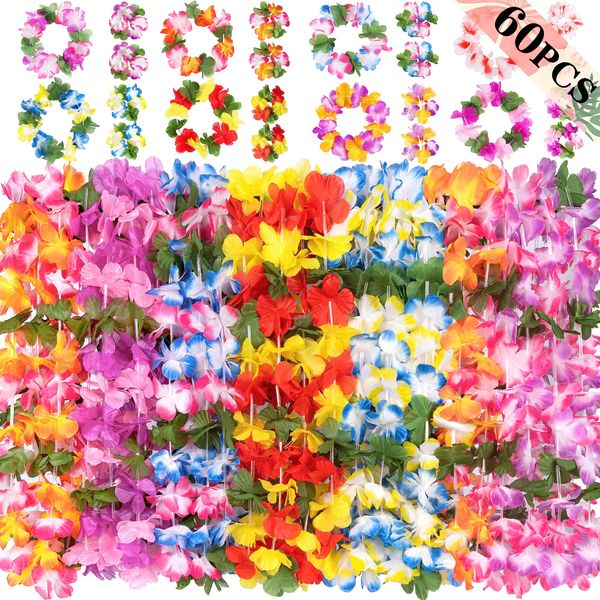 jollylife 60PCS Hawaiian Luau Leis Necklaces Bracelets Headbands Tropical Hibiscus Flowers Tiki Summer Pool Party Favors Supplies Decorations