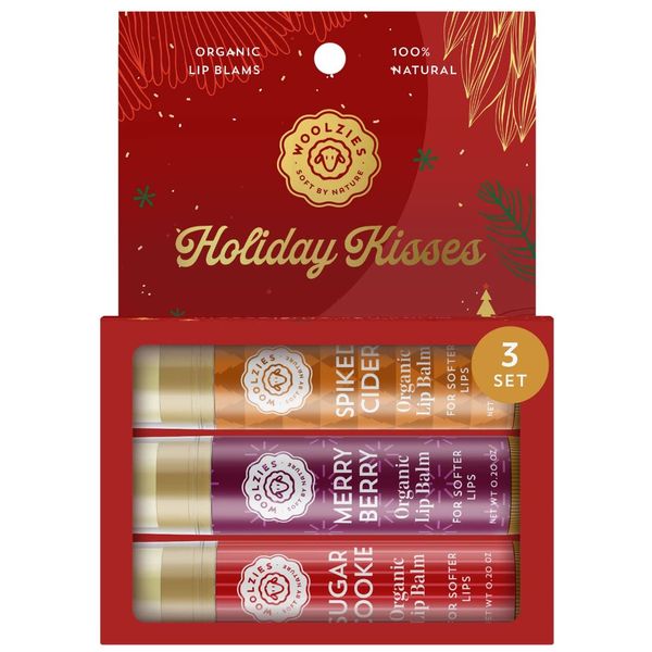 Woolzies Holiday Kisses Lip Balm Set of 3 | Includes Sugar Cookie, Merry Berry, & Spiced Cider | 0.15 OZ