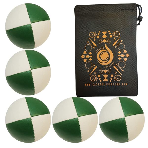 Cascade Juggling 5 x Pro 115g Cascade Classic Juggling Balls - Thud Juggling Balls & Bag - Set of 5 Juggling Balls - Green and White