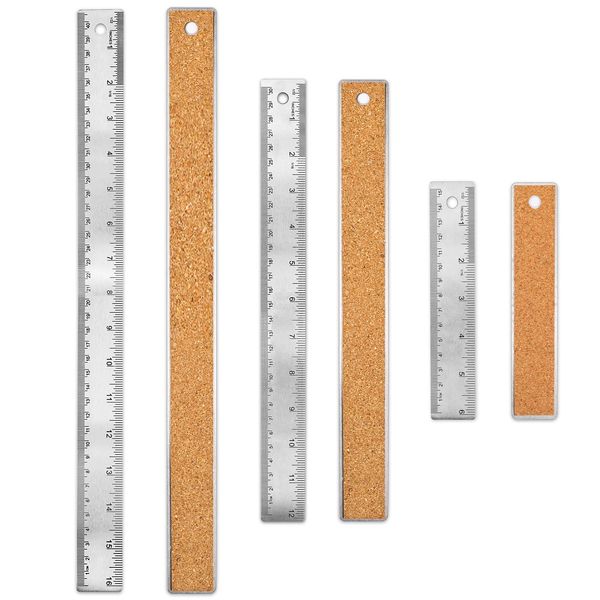 Metal Ruler Cork Backed 6 Inch 12 Inch 16 Inch Stainless Steel Metal Rulers with Cork Backing Non-Slip Straight Edge Ruler with Inch and Centimeters for Student School Office Drafting Tools