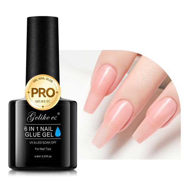 Gelike ec 6 in 1 Nail Glue Gel - Color Gel Nail Polish Base Coat - Soak Off UV Long Lasting Extra Strong Nail Building, Extension, Peachy Jelly