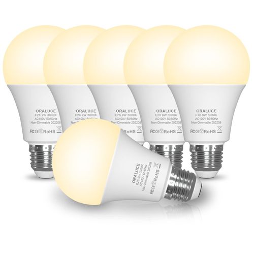 ORALUCE LED Bulb, E26 Base, 9W, 900 lm, 60 W Equivalent, High Brightness, Light Bulb Color, 3000K, Wide Light Rendering Type, Energy Saving, Compatible with Enclosed Fixtures, Non-Dimmable, Pack of 6