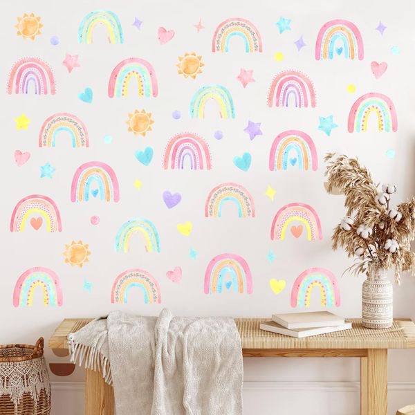 Glow in The Dark Rainbow Wall Sticker Glowing Rainbow Wall Stickers Boho Wall Art Stickers Glow in The Dark Stars for Ceiling Girls Wall Stickers for Kids Girls Boys Bedroom Living Room Wall Decor