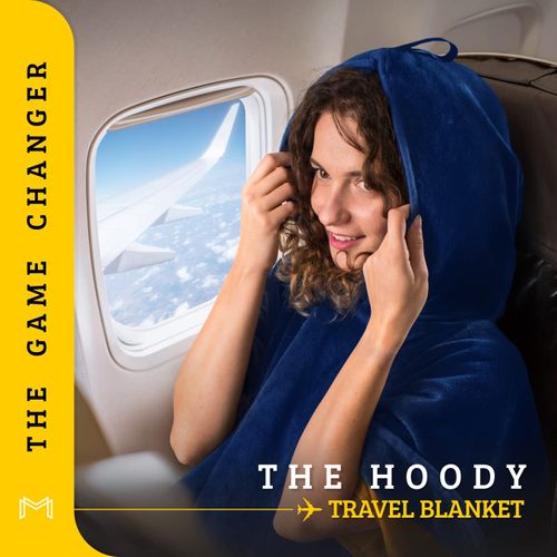 MasterManner Travel Blanket Airplane Compact with Hoodie – 2in1 Airplane Travel Accessories from Plane Blanket to Travel Pillow with Luggage Strap, Soft Handle & Secure Pocket (Navy Blue, 62x41'')