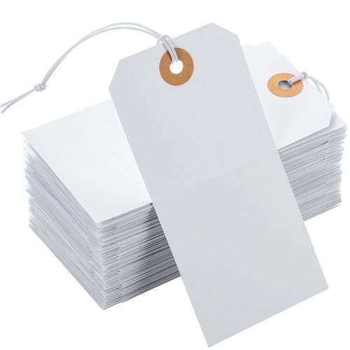100pcs Large Price Tags with Elastic String White Hang Paper Tags with String Attached Reinforced Hole Writable Price Tags Inventory Tags Gift Tags 4.76''×2.36''