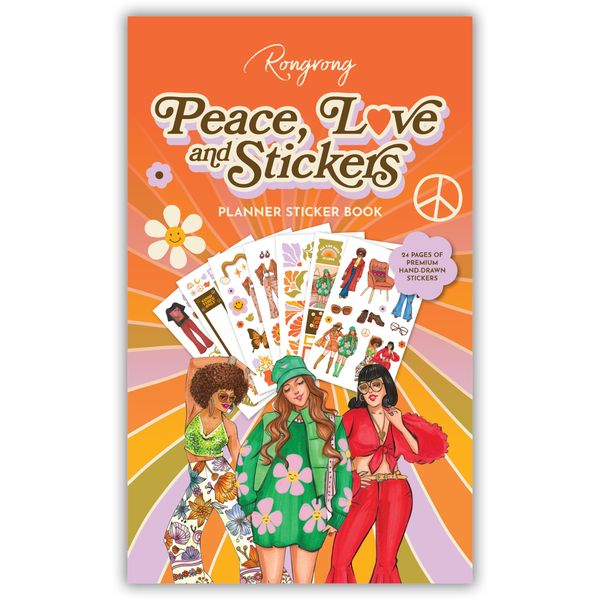 The Rongrong Peace and Love Sticker Book for Planners, Calendars, Journals and Projects – Premium Quality Hand Drawn Full of Grooviness and Vintage Charm – Scrapbook Accessories – 24 Pages