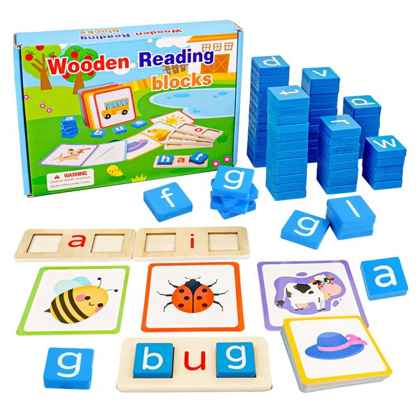 SMILESSKIDDO 60 PCS Sight Words Flash Cards Kindergarten - Wooden Reading Blocks Montessori Alphabet Toys, Phonics Flash Cards, CVC Word Spelling Games -Sensory Toys for Kids Ages 3-8