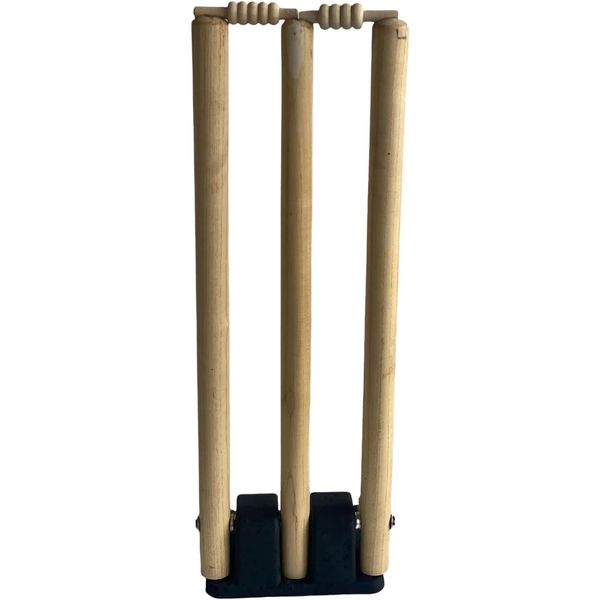 MAXX Cricket Stumps Wooden Spring Return & Bails Natural Metal Base Full Size wicket (Cricket Stumps)