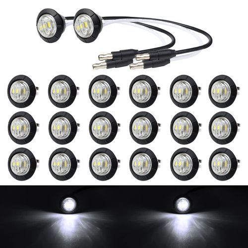 TMH 3/4 Inch Mini White Light 3 LED with Connector Plug Clearance Markers Side Marker Indicator Lights Mini Round Front Rear with Grommet for Truck Trailer Lorry Bus 12V DC (Pack of 20)