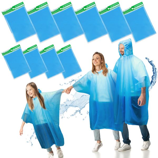 AXNSATRE Rain Poncho Adults Kids Waterproof - 10 Packs Disposable Rain Ponchos Family Pack Festival, 6 Pcs Plastic Ponchos Women/Men+4 Pcs Children Poncho, Blue Poncho for Travel, Emergency