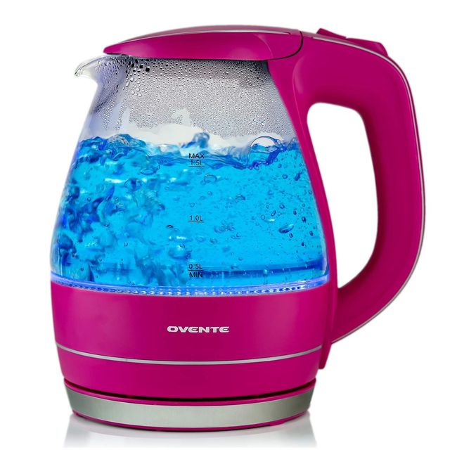 Ovente Portable Electric Glass Kettle 1.5 Liter with Blue LED Light and Stainless Steel Base, Fast Heating Countertop Tea Maker Hot Water Boiler with Auto Shut-Off & Boil Dry Protection, Pink KG83F