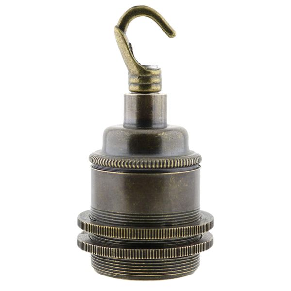 Edison Screw (E27) Solid Brass Earthed Lampholder in Antique Finish with 2 Shade Rings and Metal Hook